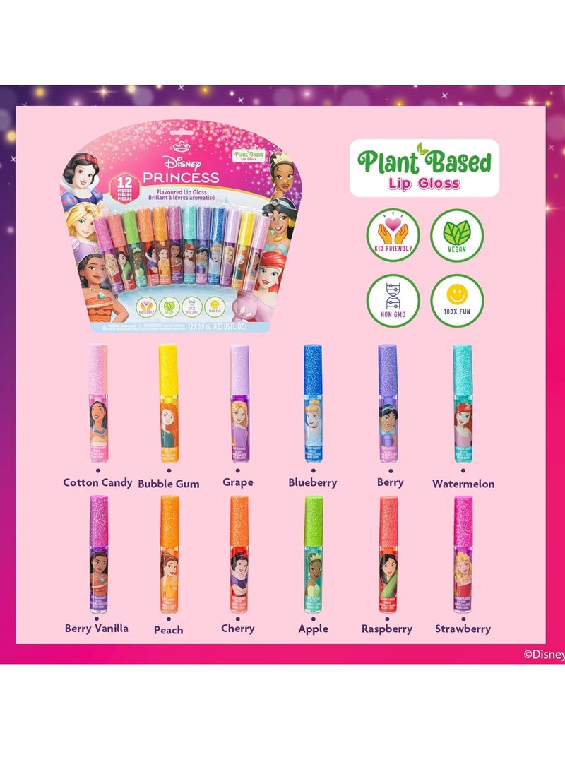 Townley Girl Disney Princess 12 Piece Plant Based Lip Gloss, Girls Party Favors, First Makeup Set for Girl, Perfect for Parties, Sleepovers, and Birthday Gifts, Ages 3