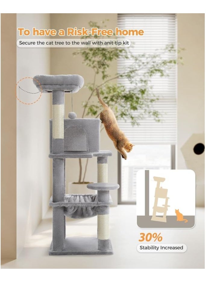 116 cm Tall Cat Tree for Indoor Cats, Multi-Level Cat Tower with Super Large Hammock, Sisal Covered Scratching Posts, Cozy Condo and Top Perch (Medium)