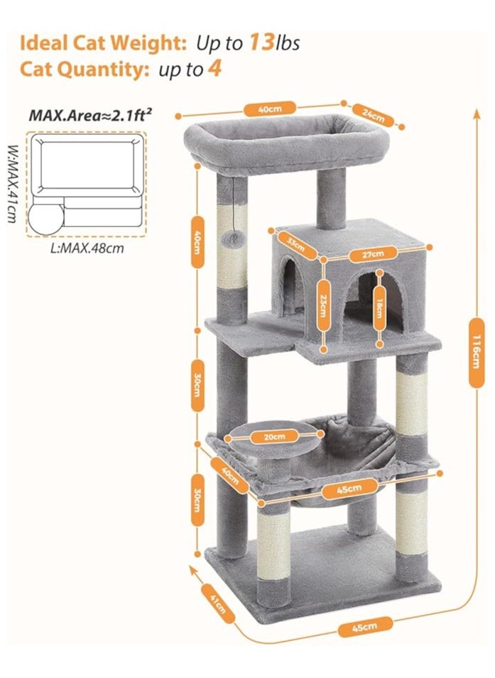 116 cm Tall Cat Tree for Indoor Cats, Multi-Level Cat Tower with Super Large Hammock, Sisal Covered Scratching Posts, Cozy Condo and Top Perch (Medium)