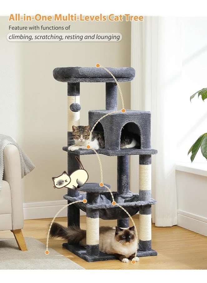 116 cm Tall Cat Tree for Indoor Cats, Multi-Level Cat Tower with Super Large Hammock, Sisal Covered Scratching Posts, Cozy Condo and Top Perch (Medium)