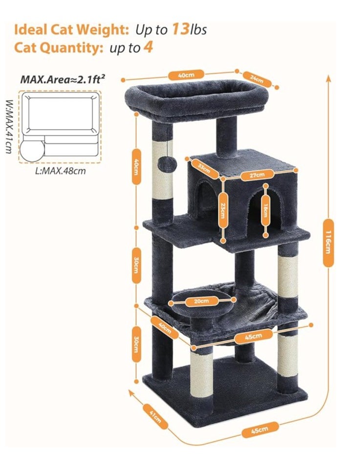 116 cm Tall Cat Tree for Indoor Cats, Multi-Level Cat Tower with Super Large Hammock, Sisal Covered Scratching Posts, Cozy Condo and Top Perch (Medium)