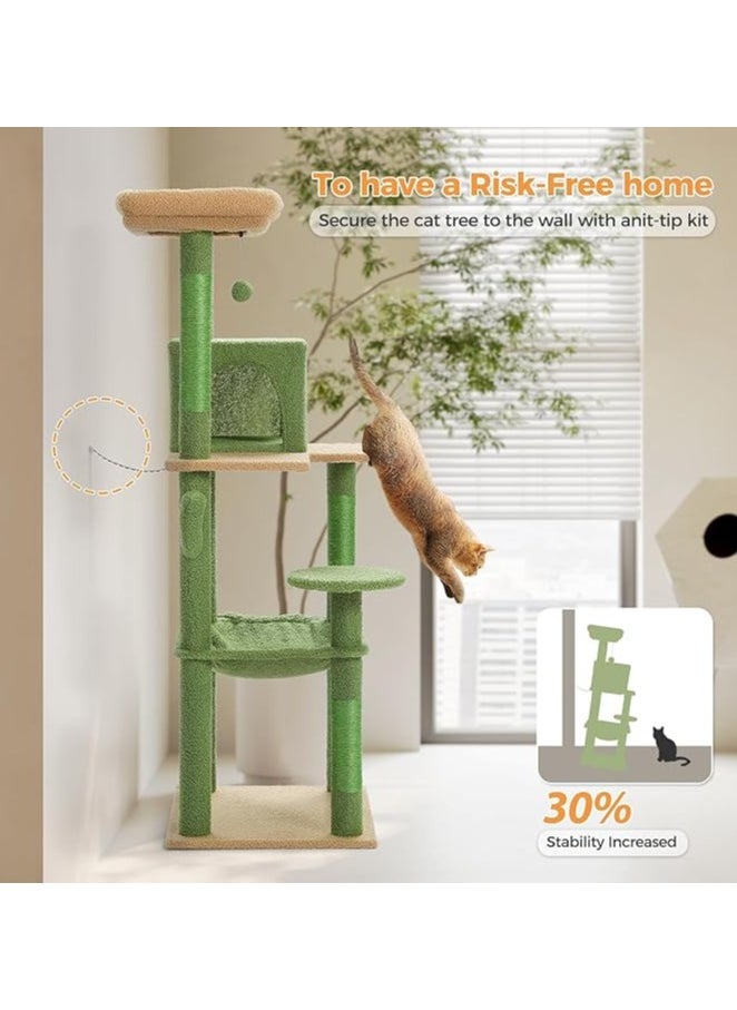 143 cm Tall Cat Tree for Indoor Cats, Multi-Level Cat Tower with Super Large Hammock, Sisal Covered Scratching Posts, Cozy Condo and Top Perch (Large)