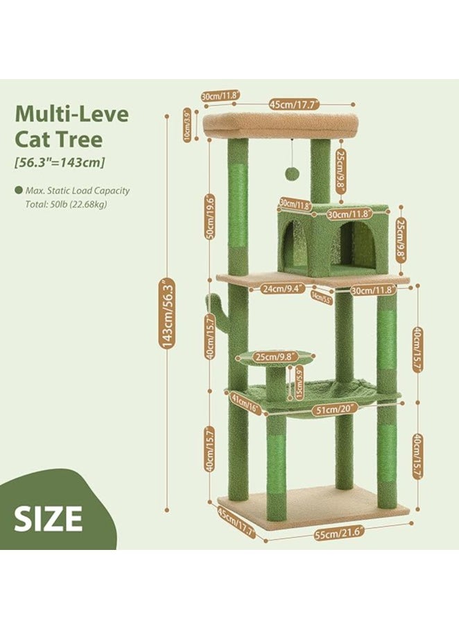 143 cm Tall Cat Tree for Indoor Cats, Multi-Level Cat Tower with Super Large Hammock, Sisal Covered Scratching Posts, Cozy Condo and Top Perch (Large)