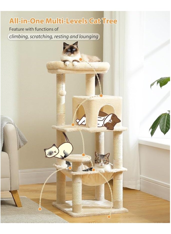 116 cm Tall Cat Tree for Indoor Cats, Multi-Level Cat Tower with Super Large Hammock, Sisal Covered Scratching Posts, Cozy Condo and Top Perch (Medium)