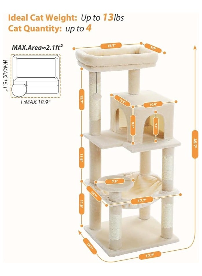 116 cm Tall Cat Tree for Indoor Cats, Multi-Level Cat Tower with Super Large Hammock, Sisal Covered Scratching Posts, Cozy Condo and Top Perch (Medium)
