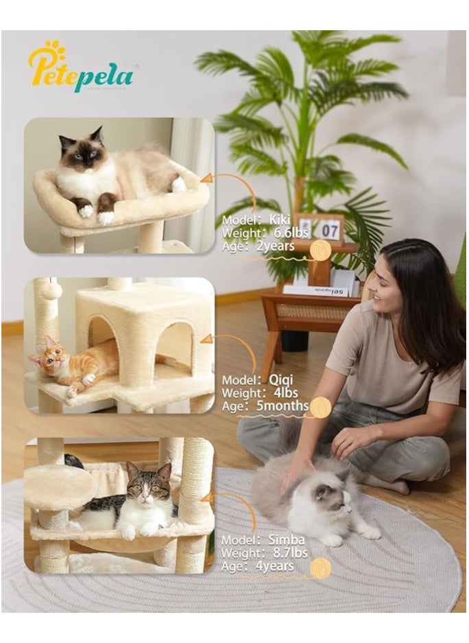 116 cm Tall Cat Tree for Indoor Cats, Multi-Level Cat Tower with Super Large Hammock, Sisal Covered Scratching Posts, Cozy Condo and Top Perch (Medium)