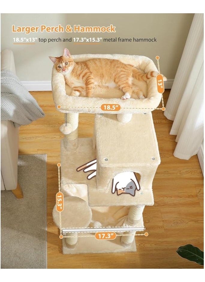 116 cm Tall Cat Tree for Indoor Cats, Multi-Level Cat Tower with Super Large Hammock, Sisal Covered Scratching Posts, Cozy Condo and Top Perch (Medium)
