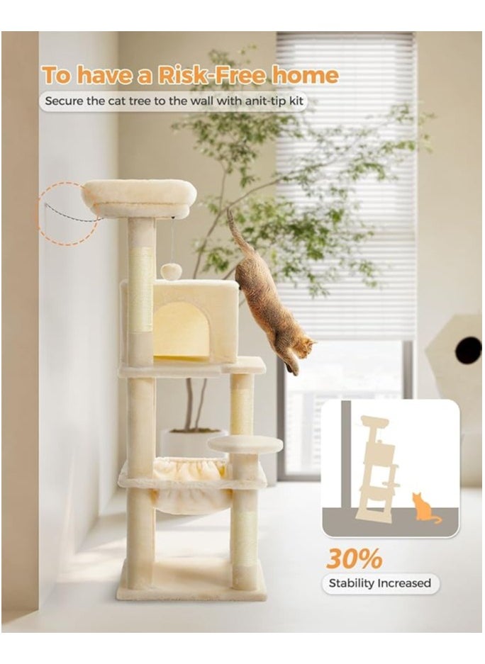 116 cm Tall Cat Tree for Indoor Cats, Multi-Level Cat Tower with Super Large Hammock, Sisal Covered Scratching Posts, Cozy Condo and Top Perch (Medium)