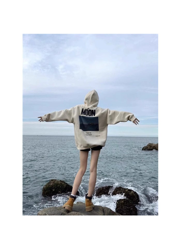 Vintage American Hoodie Women Lightweight Autumn Winter Oversize Trendy Sweatshirt Apricot plus Velvet