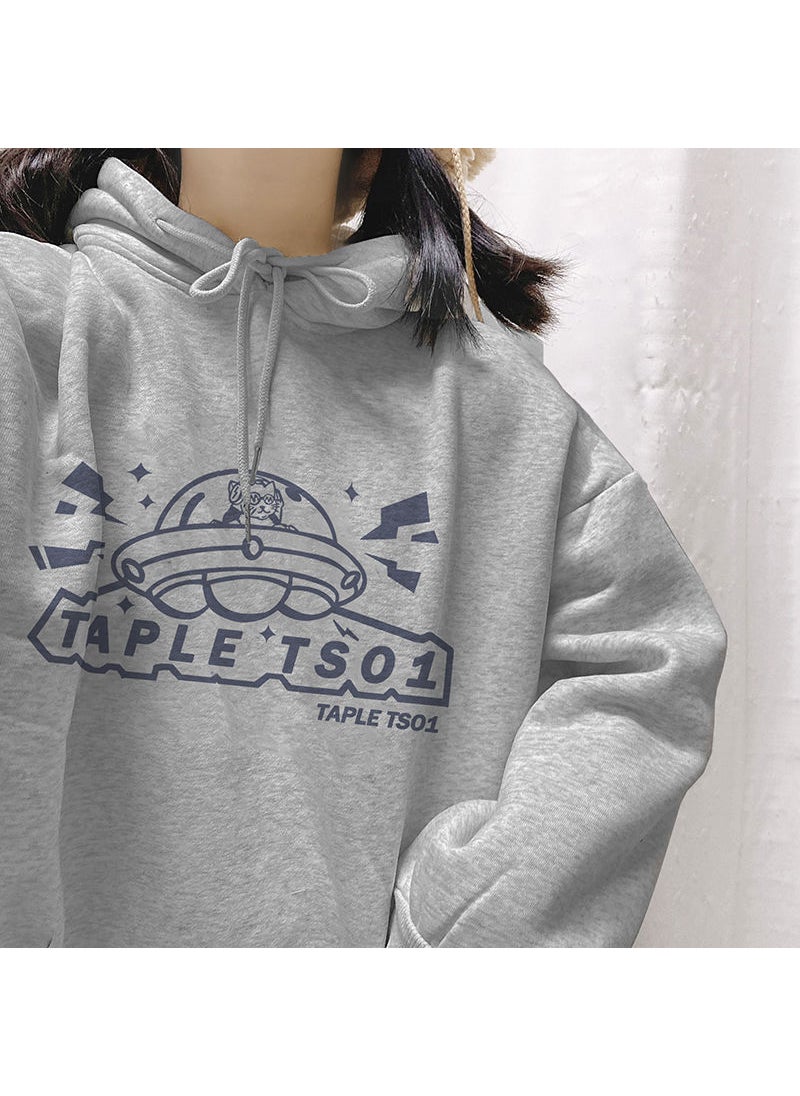 Korean Ins Style Velvet Hoodie 250g Casual Letter Print Oversized Sweatshirt for Women Grey