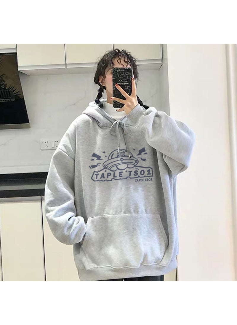 Korean Ins Style Velvet Hoodie 250g Casual Letter Print Oversized Sweatshirt for Women Grey