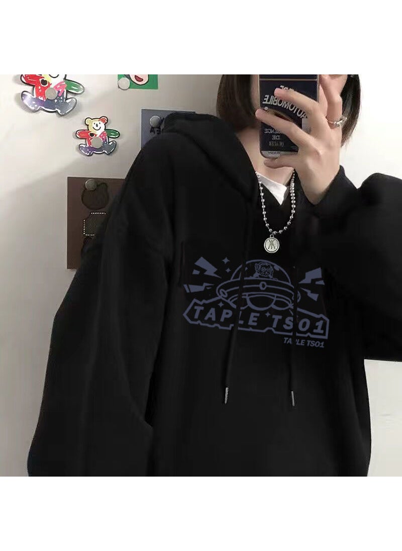 Korean Ins Style Velvet Hoodie 250g Casual Letter Print Oversized Sweatshirt for Women Black