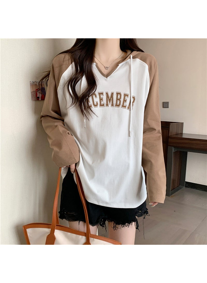 2024 Letter V-Neck Hoodie Women Curry