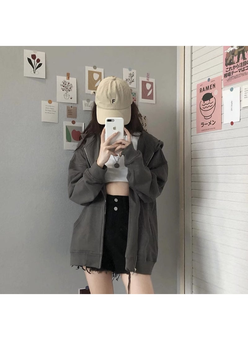 2023 Spring Autumn Hoodie Women Casaul Korean Zip-up Sweatshirt Dark gray