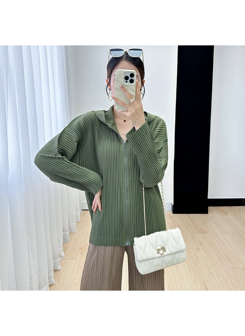 2023 Miyake Cardigan Chic Thick Single Color Long Sleeve Jacket Army Green