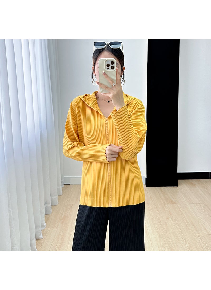 2023 Miyake Cardigan Chic Thick Single Color Long Sleeve Jacket Yellow