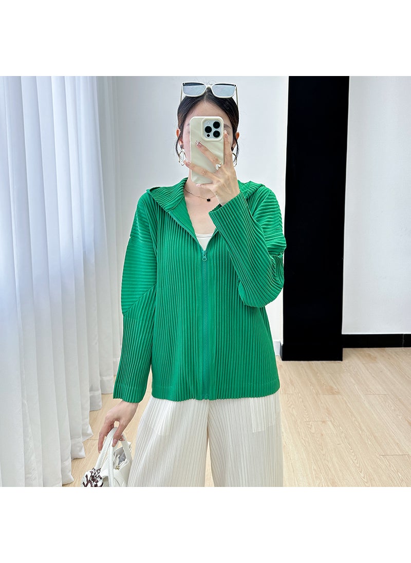 2023 Miyake Cardigan Chic Thick Single Color Long Sleeve Jacket Green