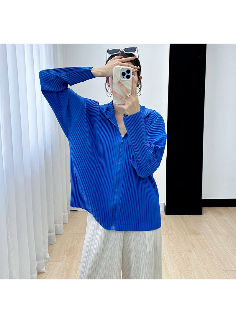 2023 Miyake Cardigan Chic Thick Single Color Long Sleeve Jacket Blue