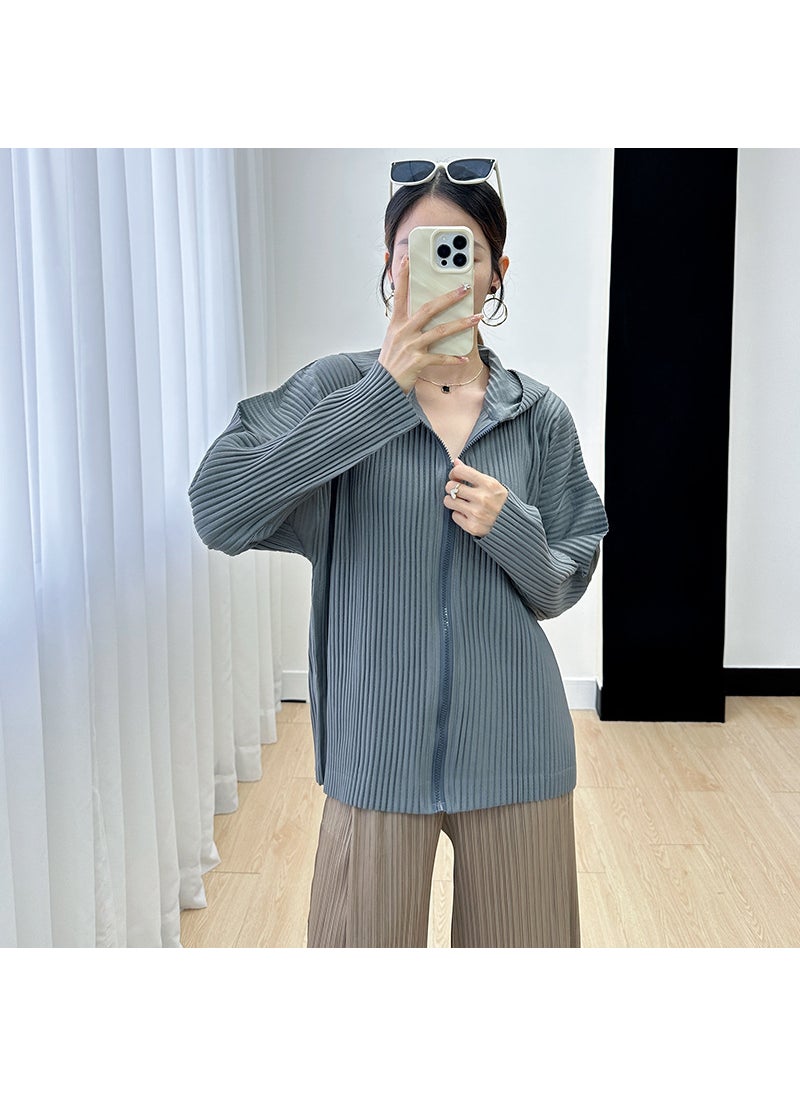 2023 Miyake Cardigan Chic Thick Single Color Long Sleeve Jacket Blue