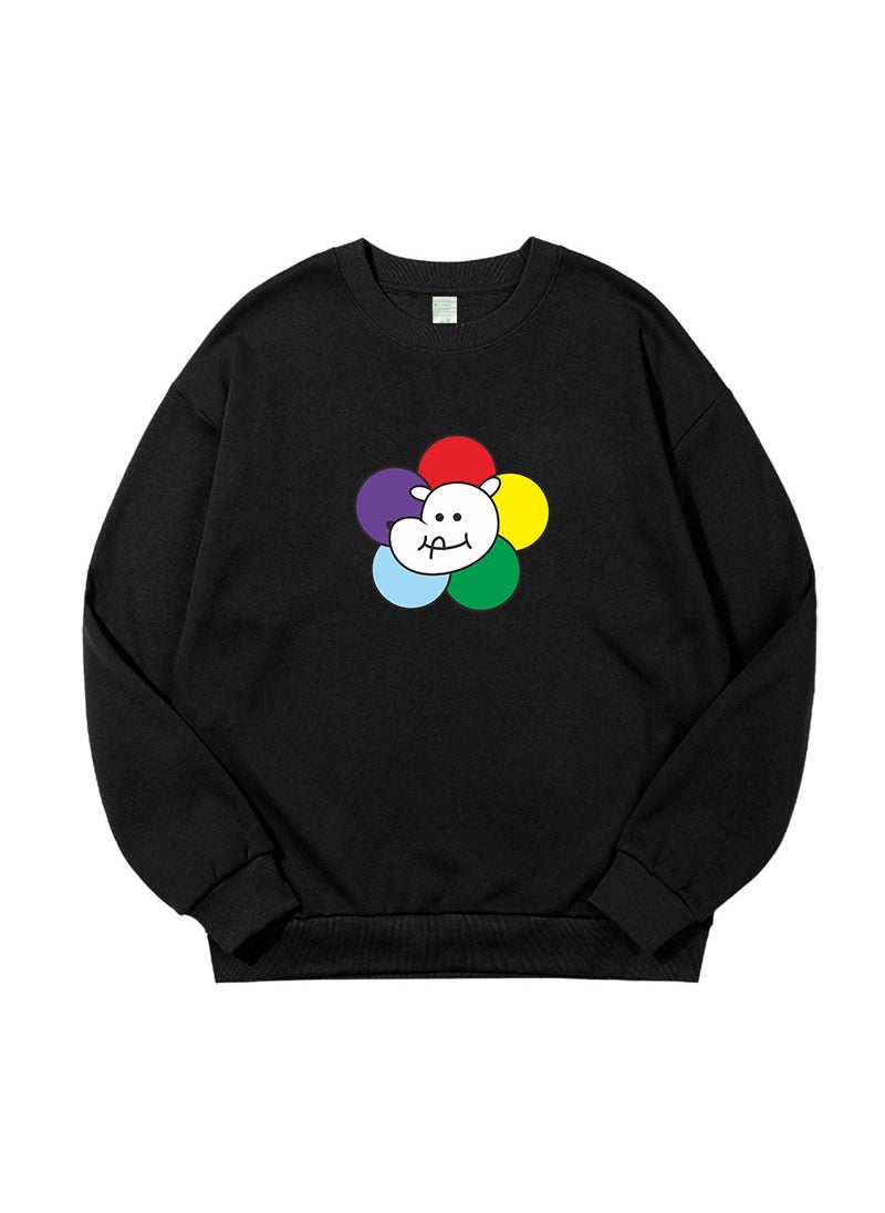 Couples Thick Printed Crewneck Sweatshirt Black fleece-lined