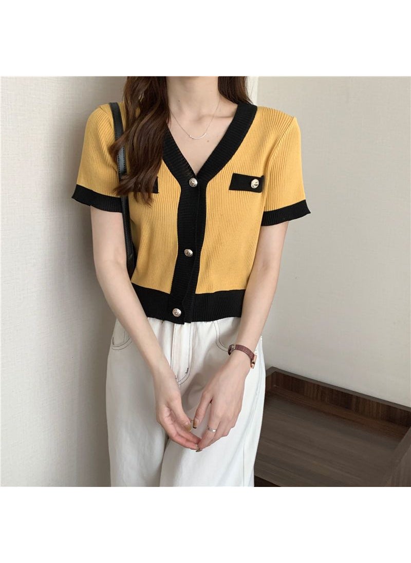 Korean Color Block Knit Tee Summer Cropped Cardigan White