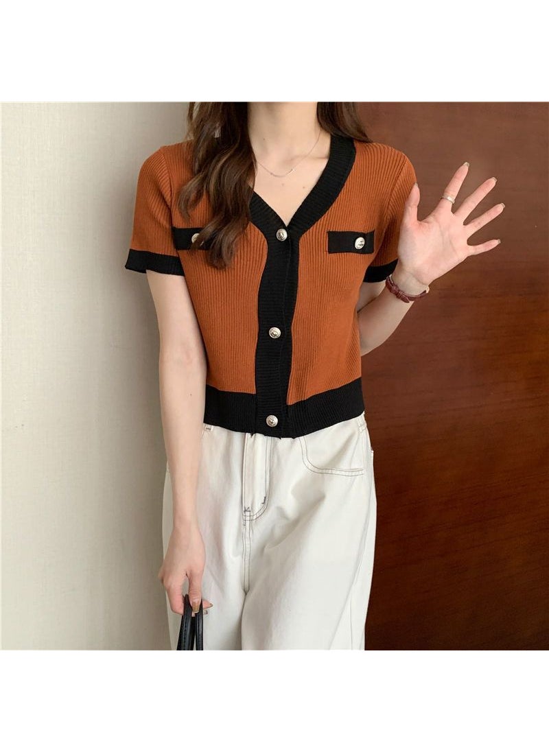 Korean Color Block Knit Tee Summer Cropped Cardigan Khaki