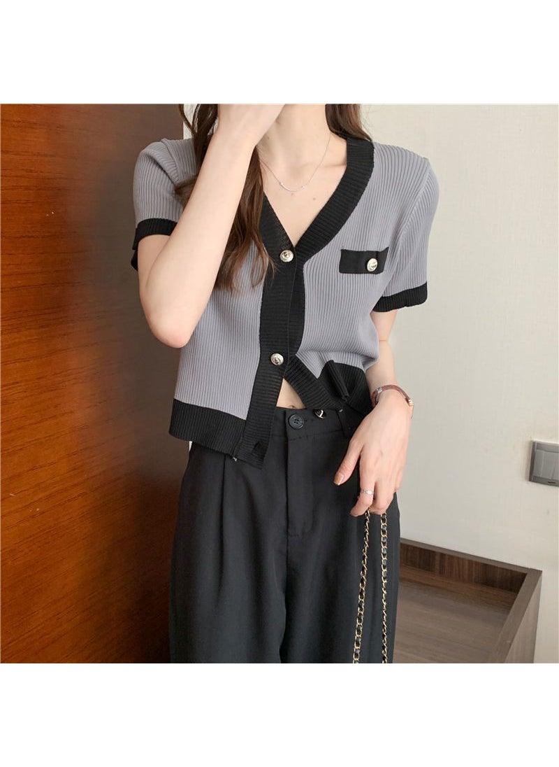 Korean Color Block Knit Tee Summer Cropped Cardigan Gray