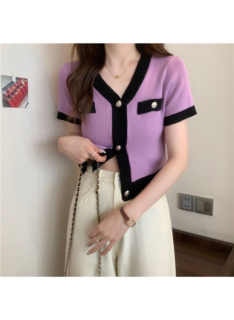 Korean Color Block Knit Tee Summer Cropped Cardigan Purple