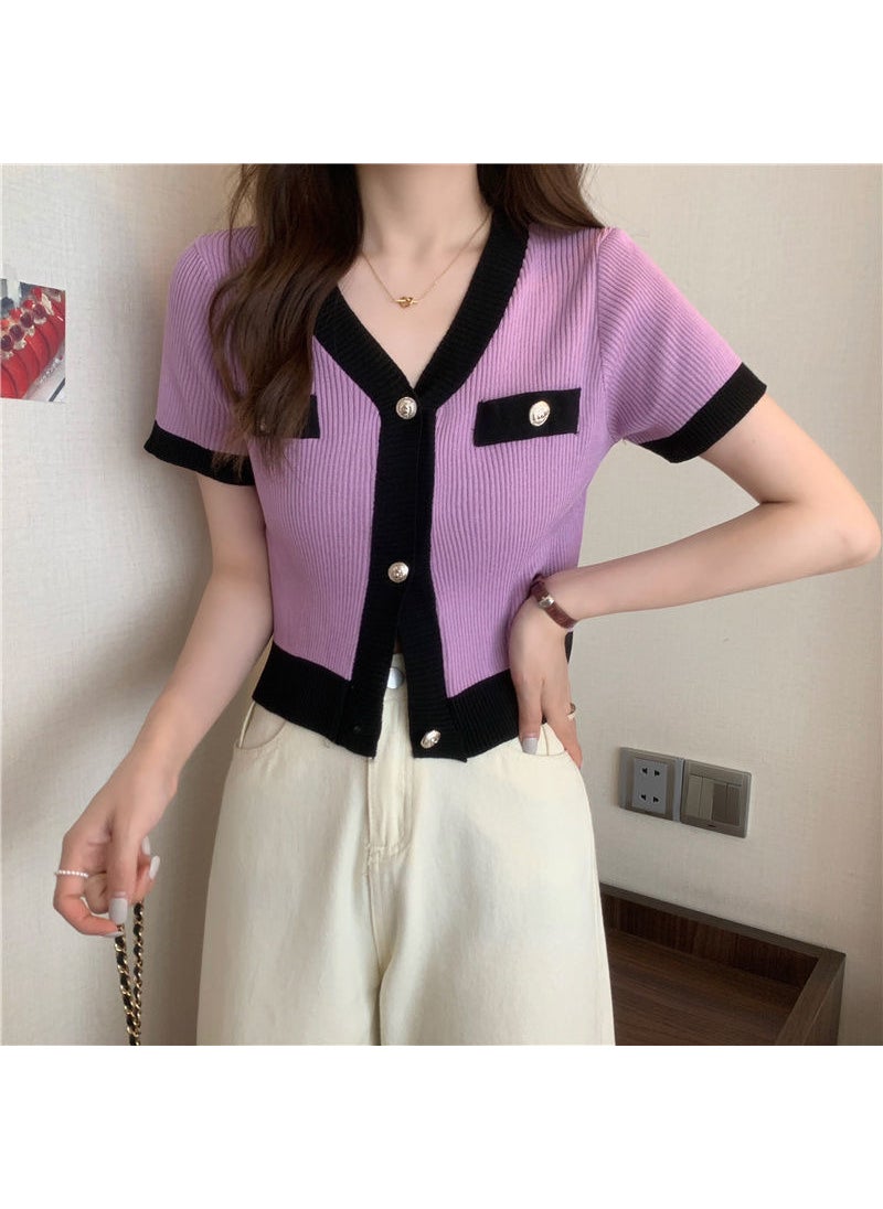 Korean Color Block Knit Tee Summer Cropped Cardigan Purple