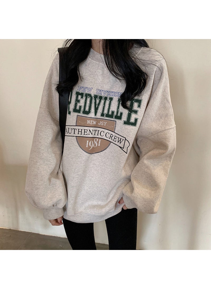 Thickened Fleece Loose Round Neck Womens Sweatshirt Autumn Winter New Korean Fashion 04 oat Gray