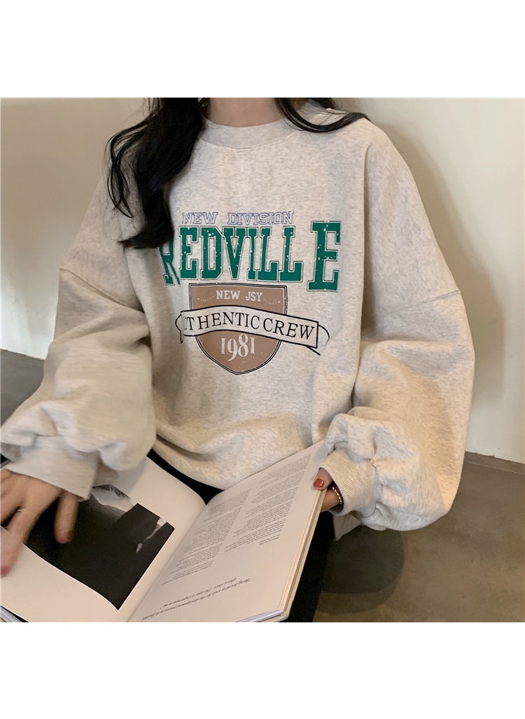 Thickened Fleece Loose Round Neck Womens Sweatshirt Autumn Winter New Korean Fashion 02 Black