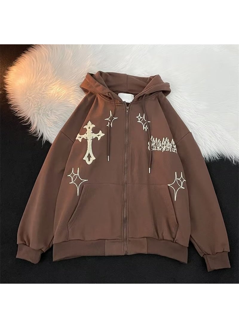 Retro Embroidered Hoodie Streetwear for Couples W08 Brown