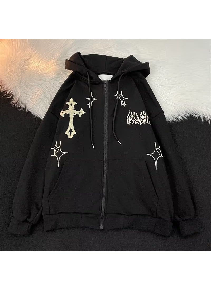 Retro Embroidered Hoodie Streetwear for Couples W08 Brown