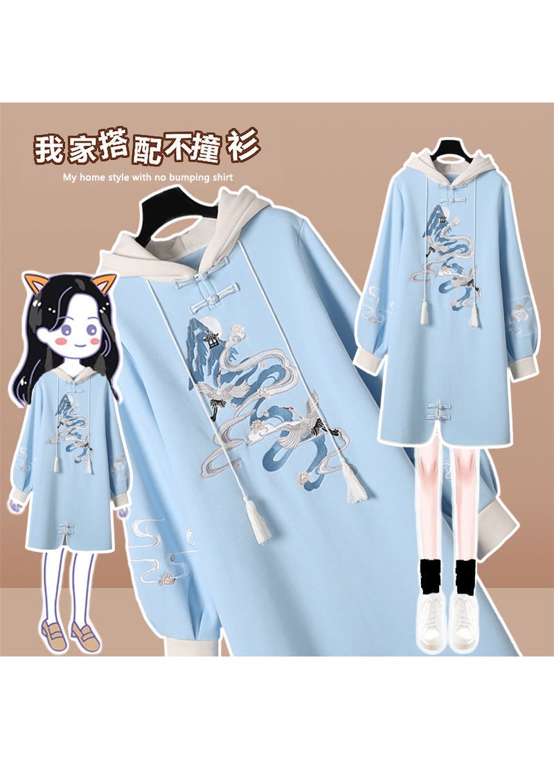 2023 New Chinese Style Embroidered Hoodie Dress Blue