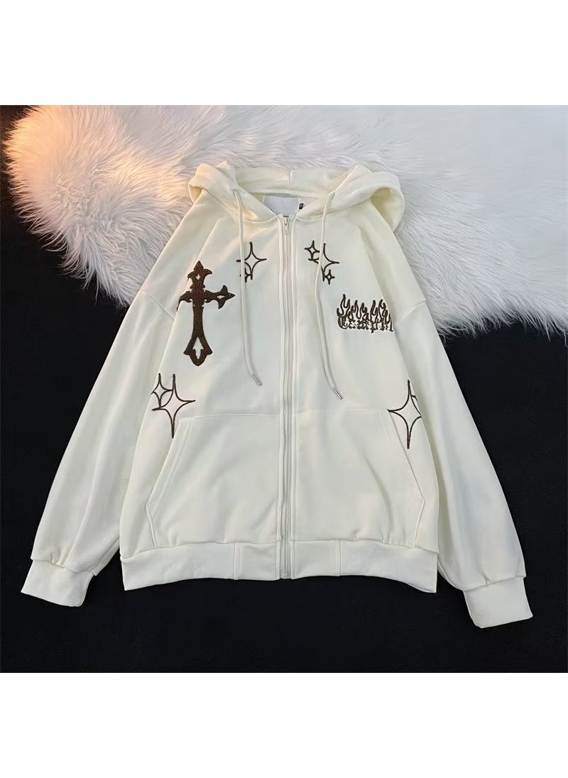 Retro Embroidered Hoodie Streetwear for Couples W08 apricot