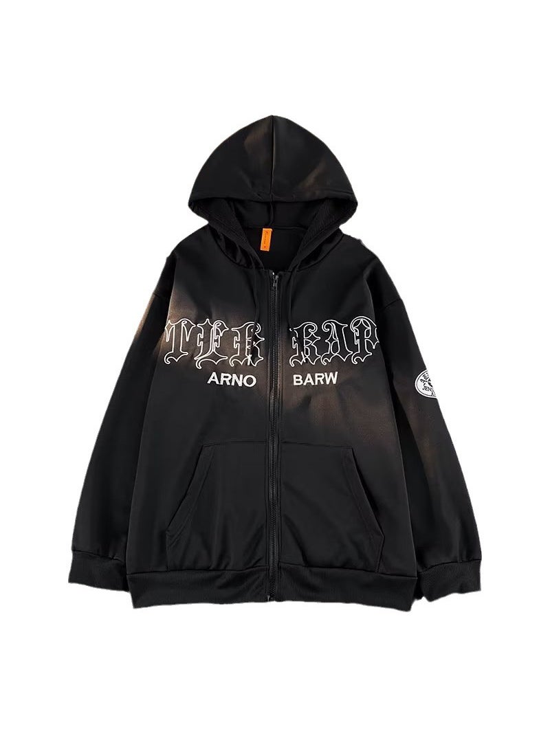 Retro Embroidered Hoodie Streetwear for Couples W11 Black