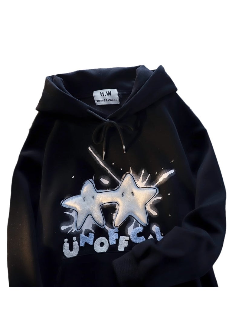 Unisex Velvet Star Hoodie Loose Streetwear Black