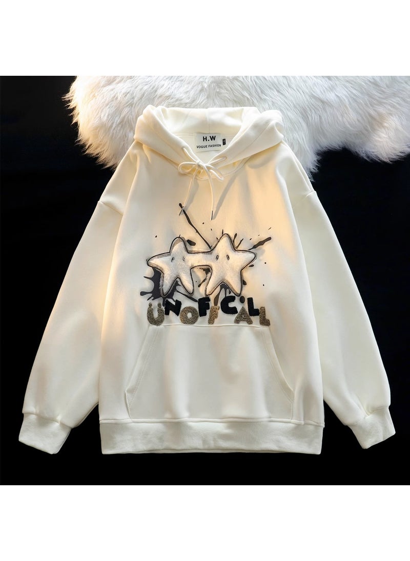 Unisex Velvet Star Hoodie Loose Streetwear Apricot