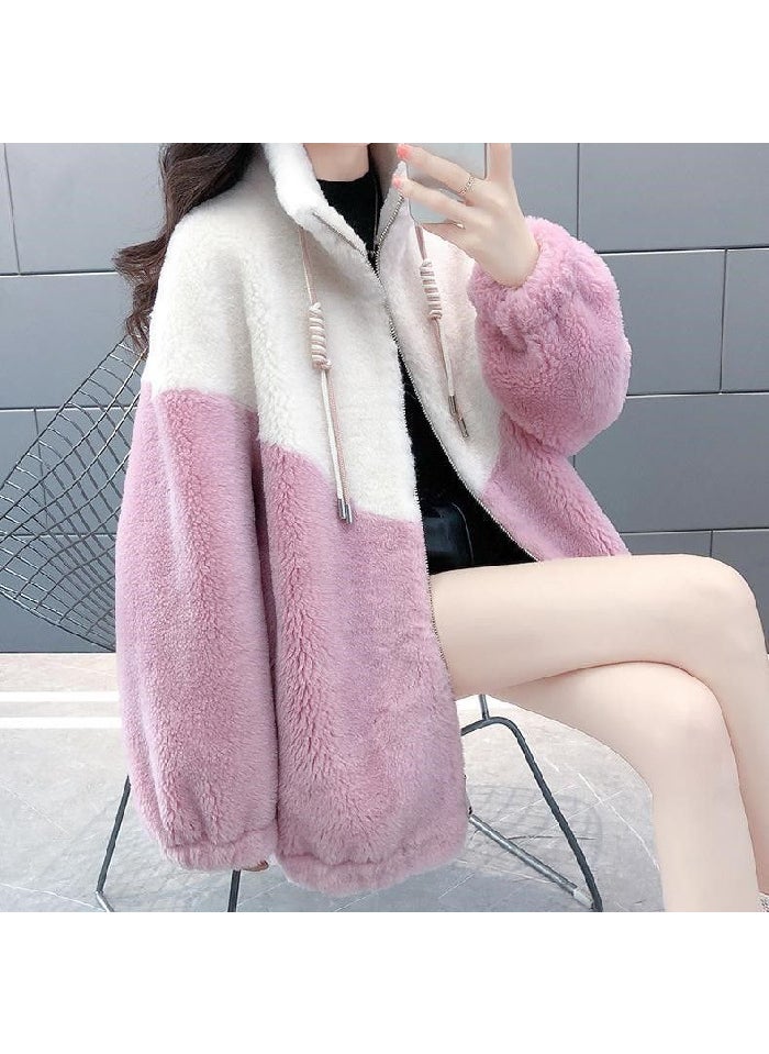 2023 Winter Korean Thick Fleece Color-Block Zip-Up Cardigan Pink