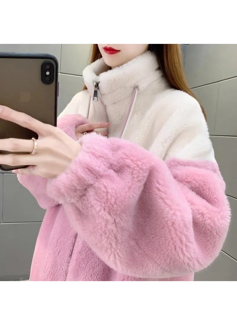 2023 Winter Korean Thick Fleece Color-Block Zip-Up Cardigan Pink