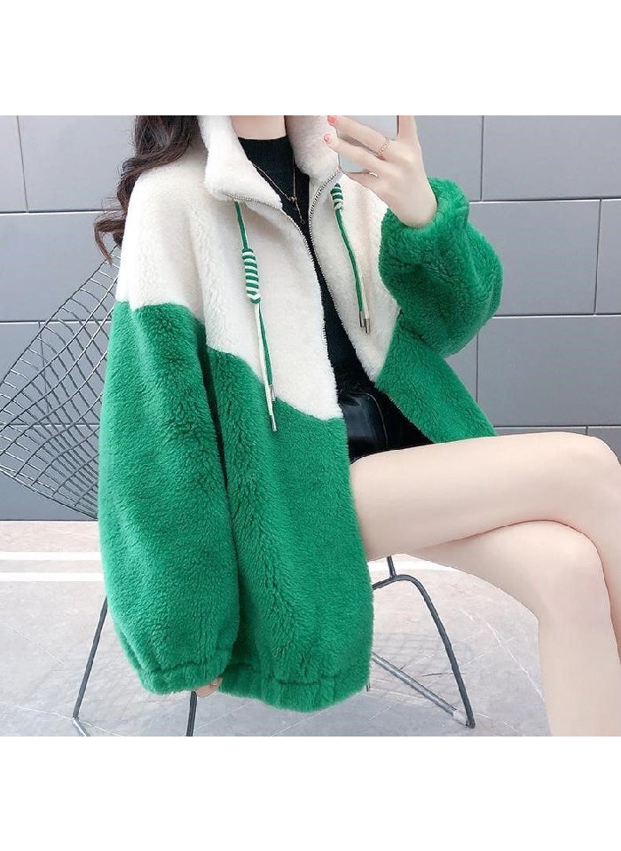 2023 Winter Korean Thick Fleece Color-Block Zip-Up Cardigan Green