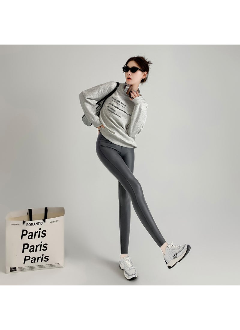 High-Waist Slim Velvet Lined Leather PantsGray Gray