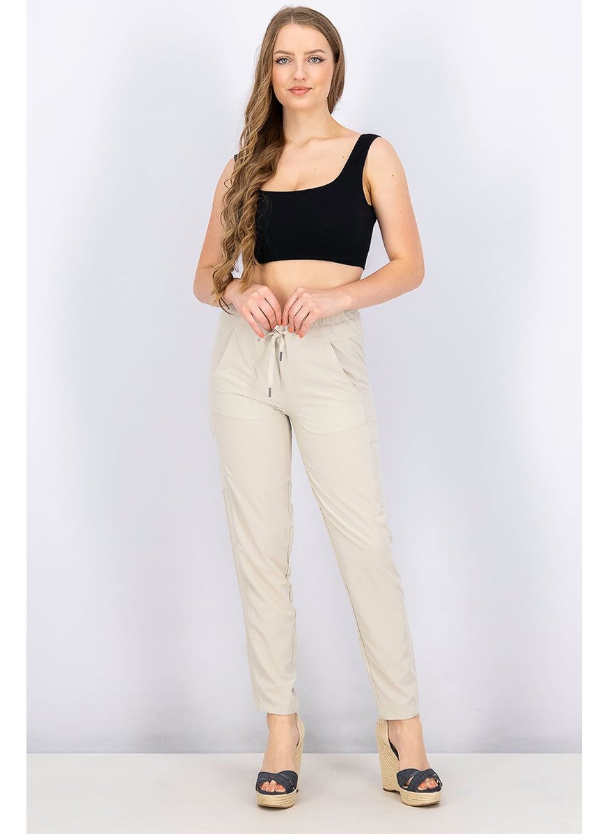 Women Stretchable Drawstring Side Pockets Pants, Khaki