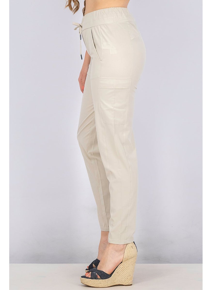 Women Stretchable Drawstring Side Pockets Pants, Khaki