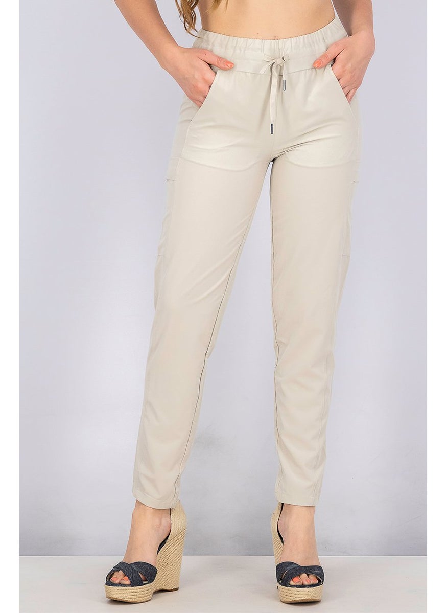 Women Stretchable Drawstring Side Pockets Pants, Khaki