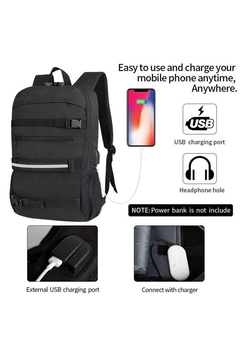 Skateboard Backpack, Laptop Backpack Rucksack with USB Charging Port, Anti Theft Lock, Water Resistant, Fits up to 15.6 17 Inch Laptop, for College School Business Travel Men Boy Black