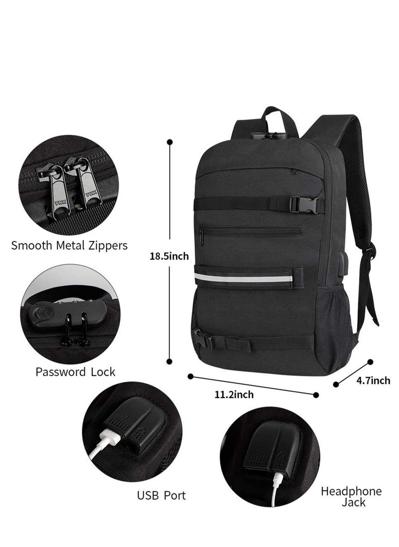 Skateboard Backpack, Laptop Backpack Rucksack with USB Charging Port, Anti Theft Lock, Water Resistant, Fits up to 15.6 17 Inch Laptop, for College School Business Travel Men Boy Black