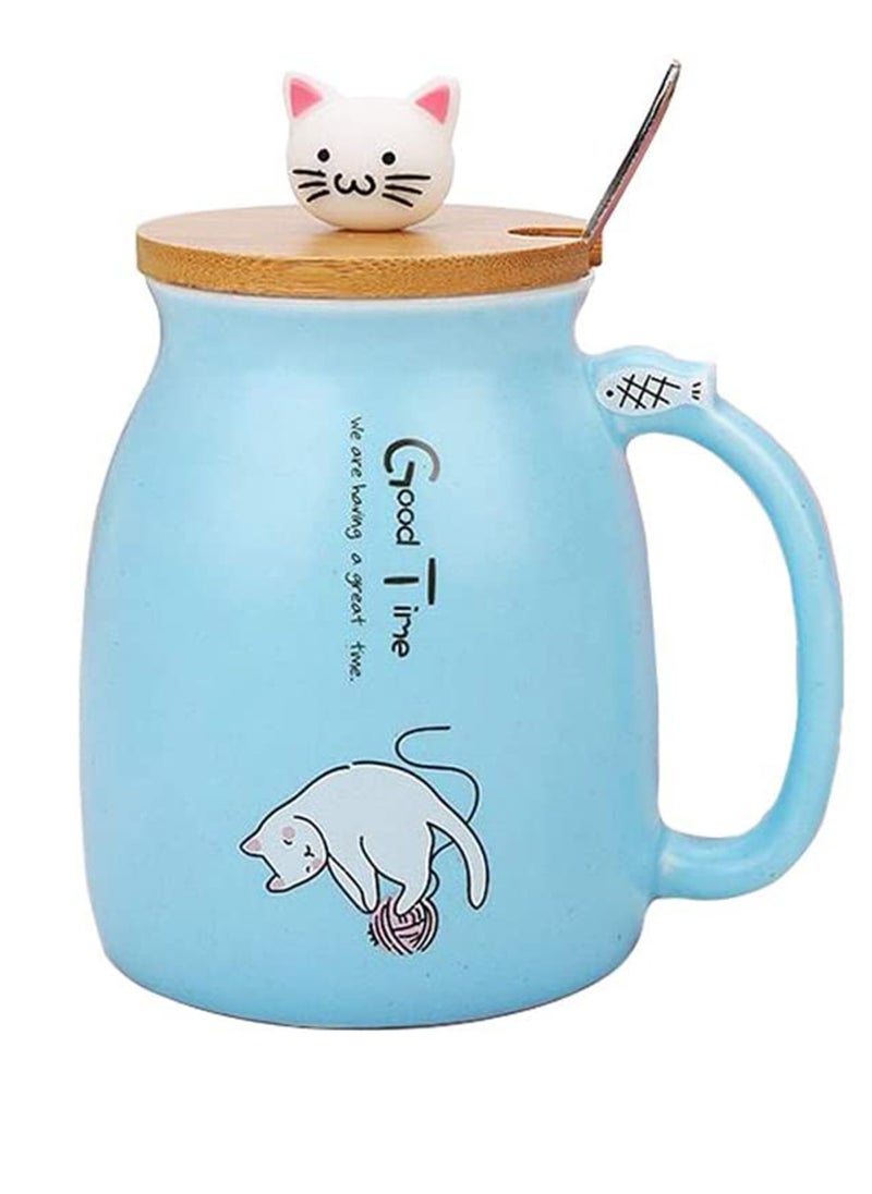 Cat Mug C ute Ceramic Coffee Cup with Lovely Kitty wooden lid Stainless Steel Spoon, Novelty Morning Cup Tea Milk C hristmas Mug, Tea Water Milk Mugs for Home Office Drinkware Gift 330MLBlue