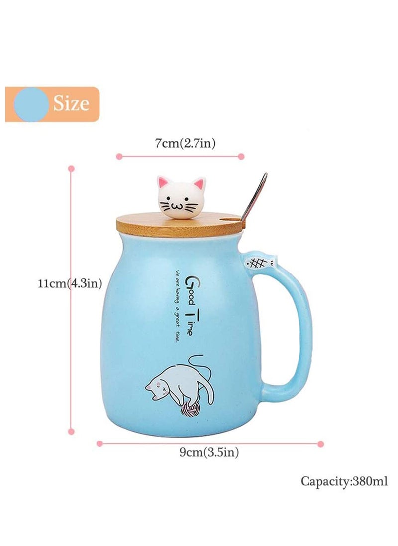 Cat Mug C ute Ceramic Coffee Cup with Lovely Kitty wooden lid Stainless Steel Spoon, Novelty Morning Cup Tea Milk C hristmas Mug, Tea Water Milk Mugs for Home Office Drinkware Gift 330MLBlue