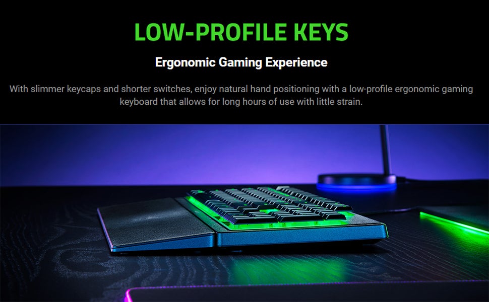 Ornata V3 X Low Profile Mecha-Membrane Wired Keyboard, UV Coated Keycaps, Single Zone RGB Lighting, 1000 Hz Ultrapolling, Wrist Rest, Silent Switch, US English Layout, Black | RZ03-04470100-R3M1